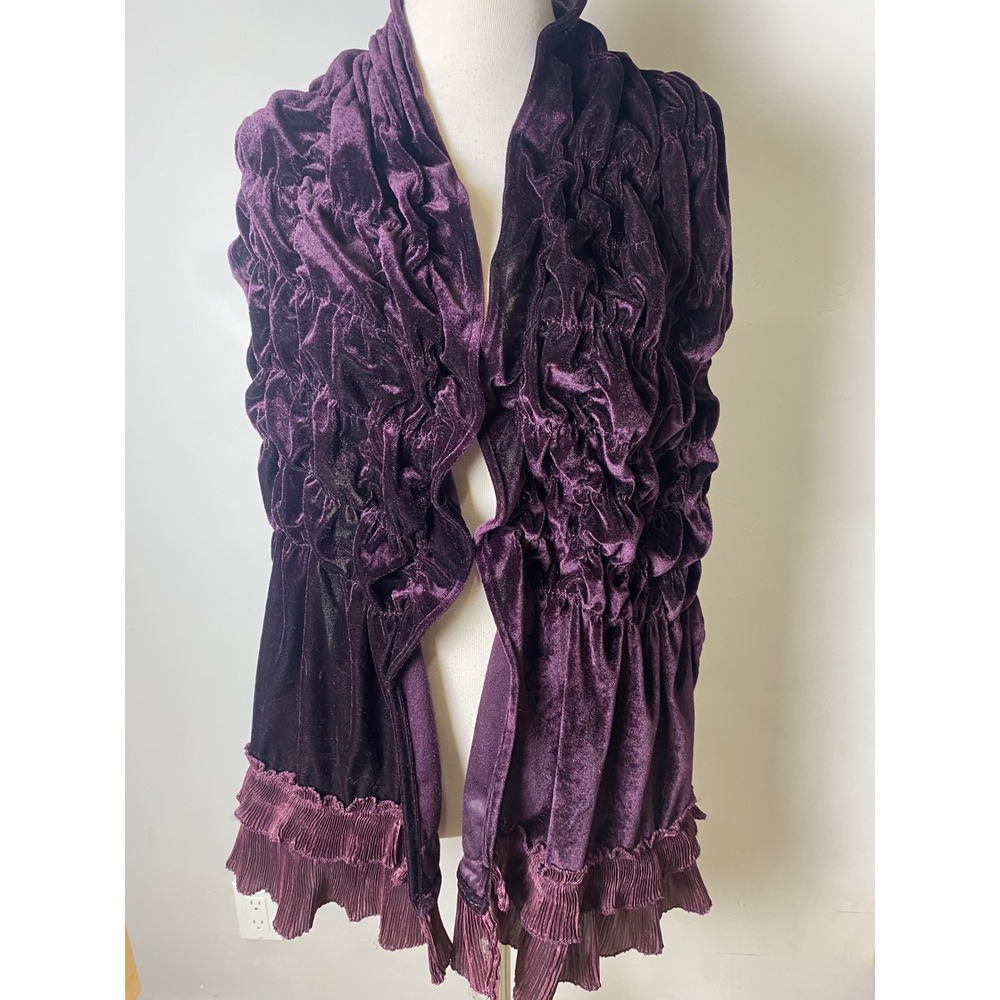 Vintage 90s Y2K Purple Crushed Velvet Ruched Scarf Wrap Pleated Ruffle Trim